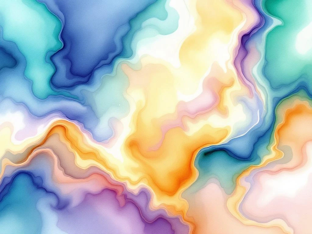 Abstract watercolor painting with flowing blue, teal, emerald green and golden yellow gradients in organic cloud formations