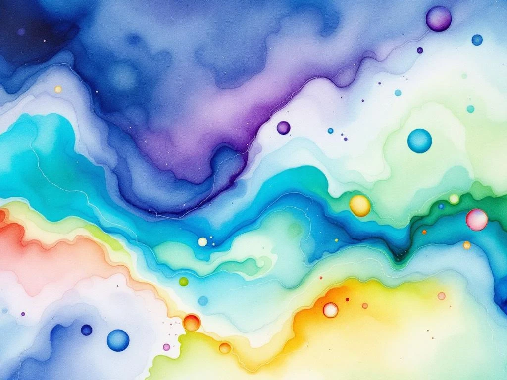 Abstract watercolor painting with flowing indigo, turquoise, and violet gradients accented by emerald green and coral tones