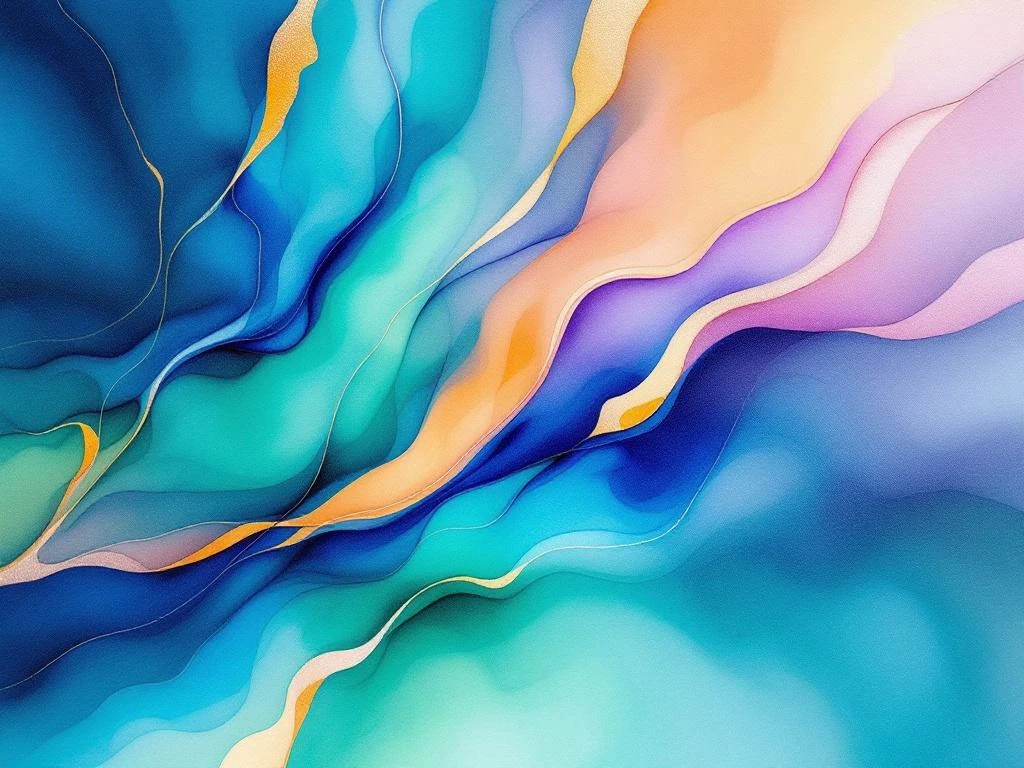 Abstract watercolor painting with flowing blues, teals, greens and amber tones suggesting digital networks and data streams.