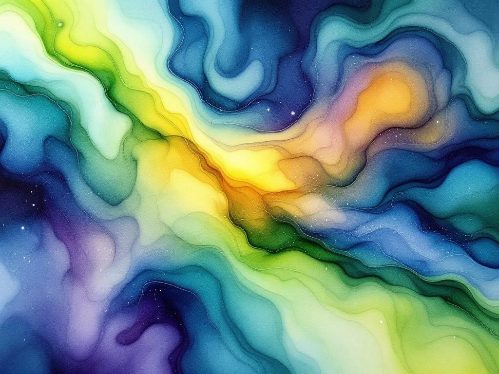 Abstract watercolor painting with flowing blue, teal, green, amber and purple colors representing digital connectivity and data streams.
