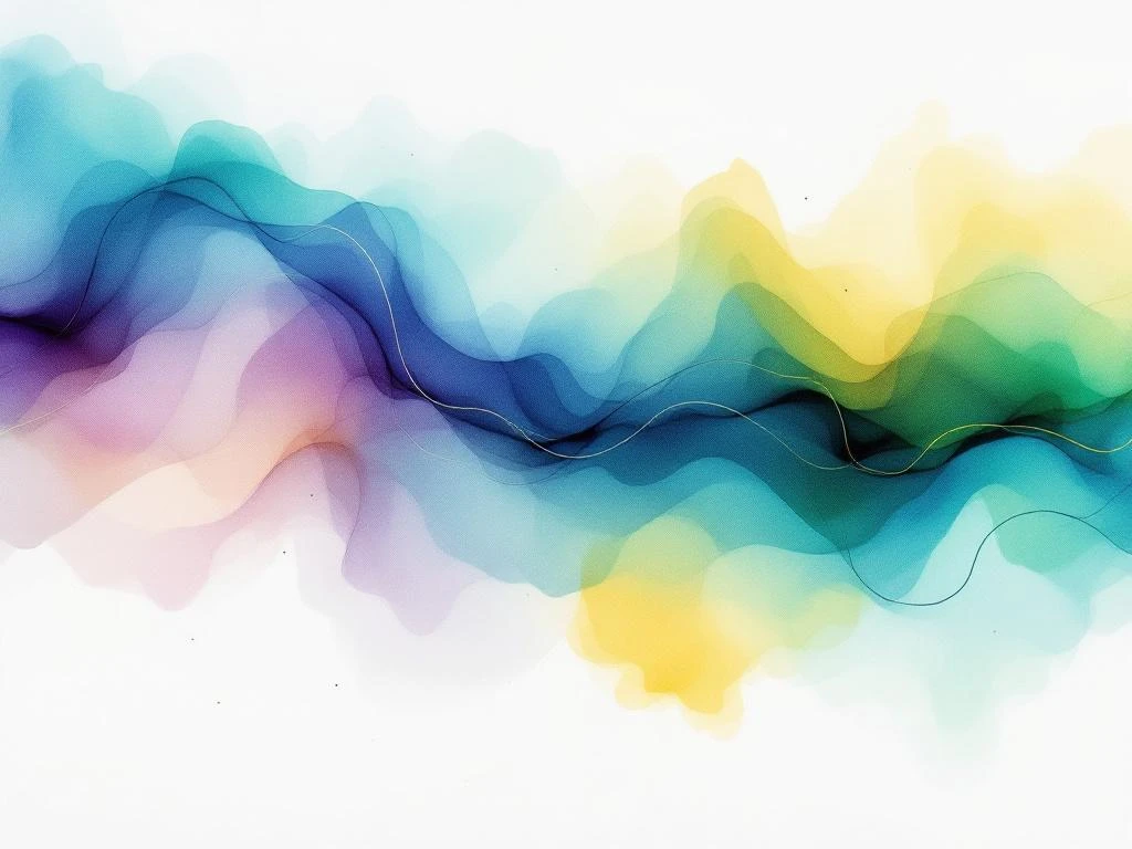 Abstract watercolor painting with flowing blue, teal, and green gradients blending into amber and yellow with digital flow theme