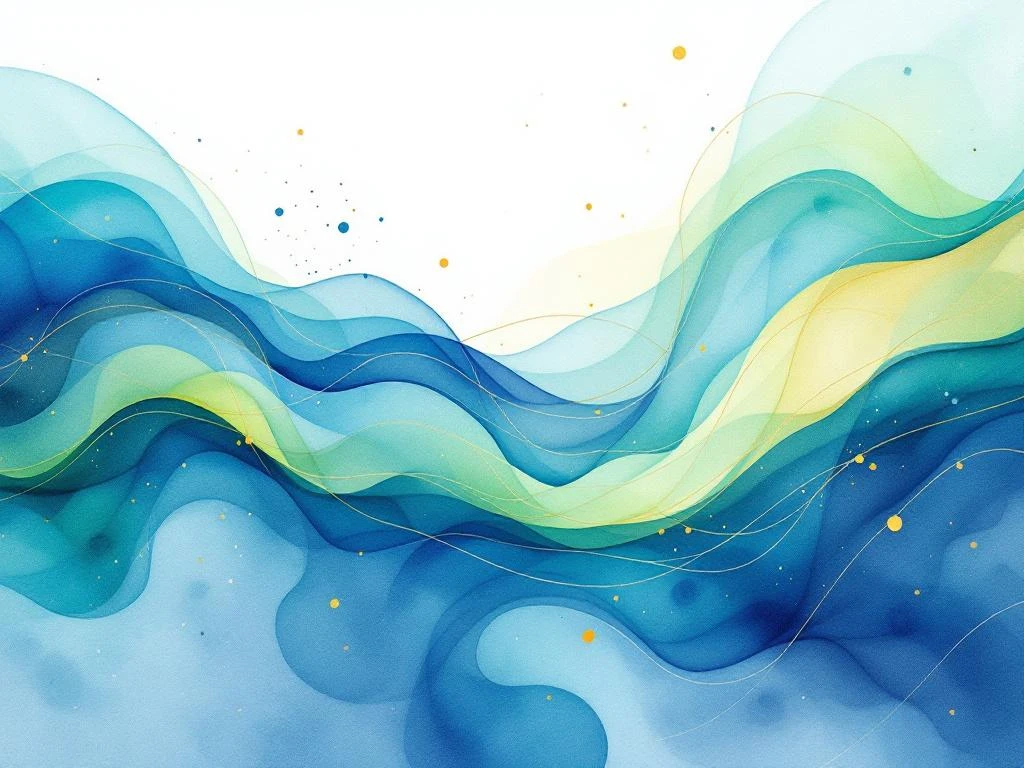 Abstract watercolor painting with flowing blue, teal, and emerald gradients blending with golden yellow and orange accents.