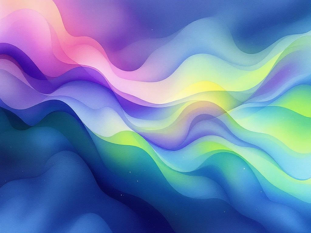Abstract watercolor painting with flowing blue to green gradients, purple accents, and silver highlights in diagonal composition