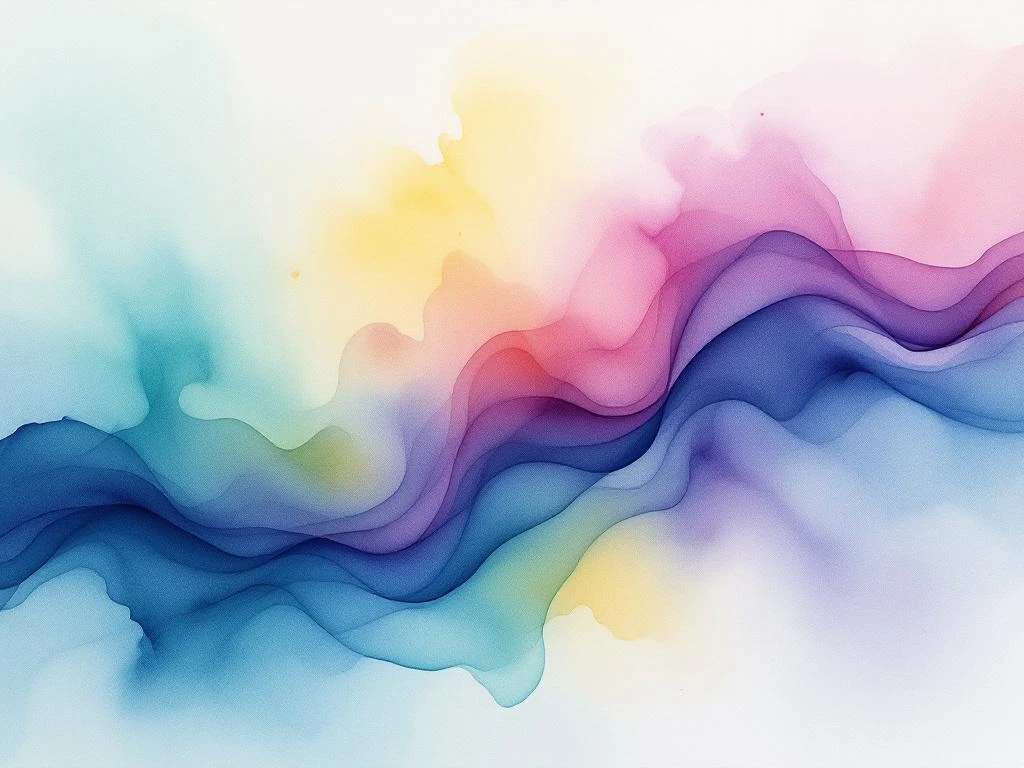 Abstract watercolor painting with flowing gradients of ocean blue, electric purple, emerald green, and golden yellow.