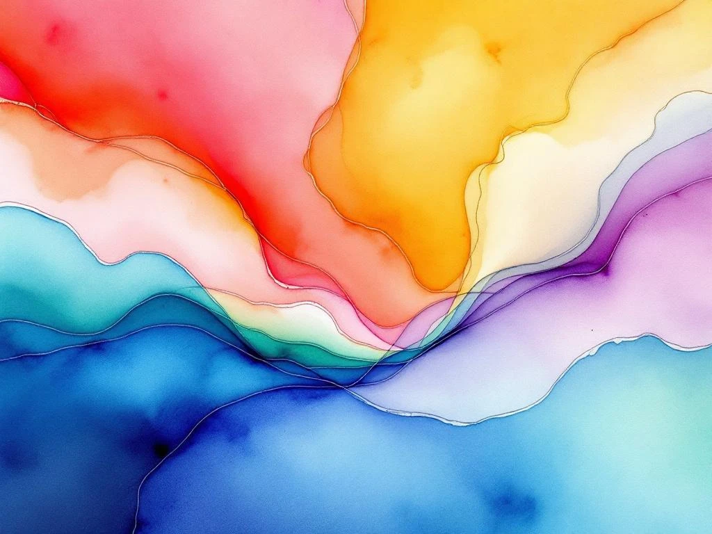 Abstract watercolor painting with flowing gradients of navy blue, teal, orange, purple, and yellow blending organically.