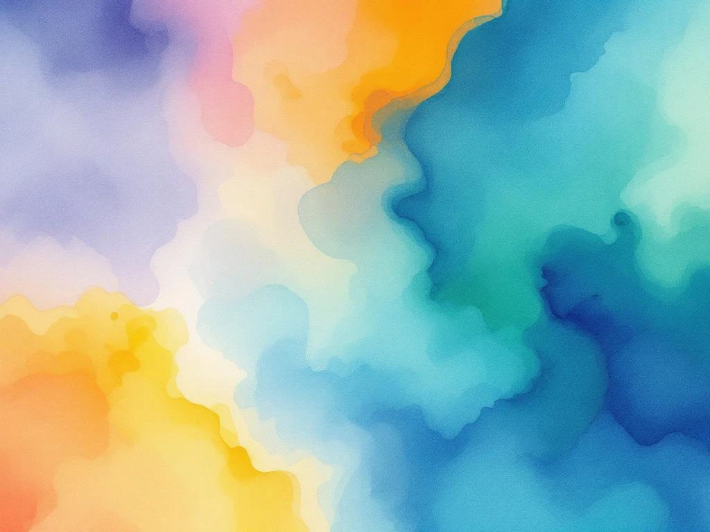Abstract watercolor painting with flowing blues, teals, oranges, and yellows blending into purple and green gradients.