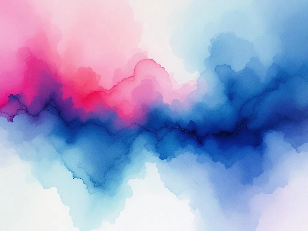 Abstract watercolor painting with flowing indigo, blue, magenta, and coral washes blending into soft ethereal gradients