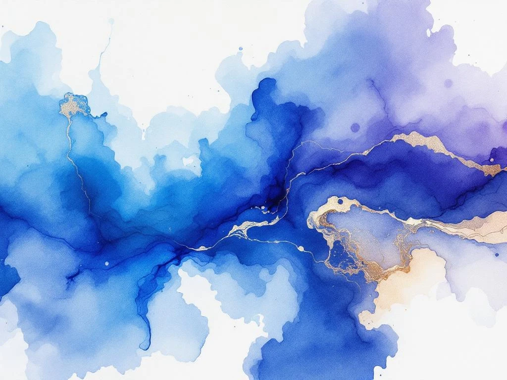 Abstract watercolor painting with indigo blue flowing into electric cyan with violet and white gradients on white background