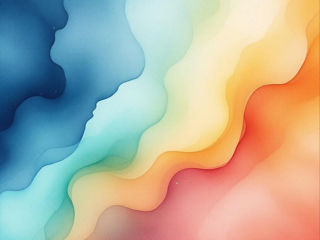 Abstract watercolor painting with indigo, turquoise, sage green, amber and coral tones blending in organic diagonal gradients