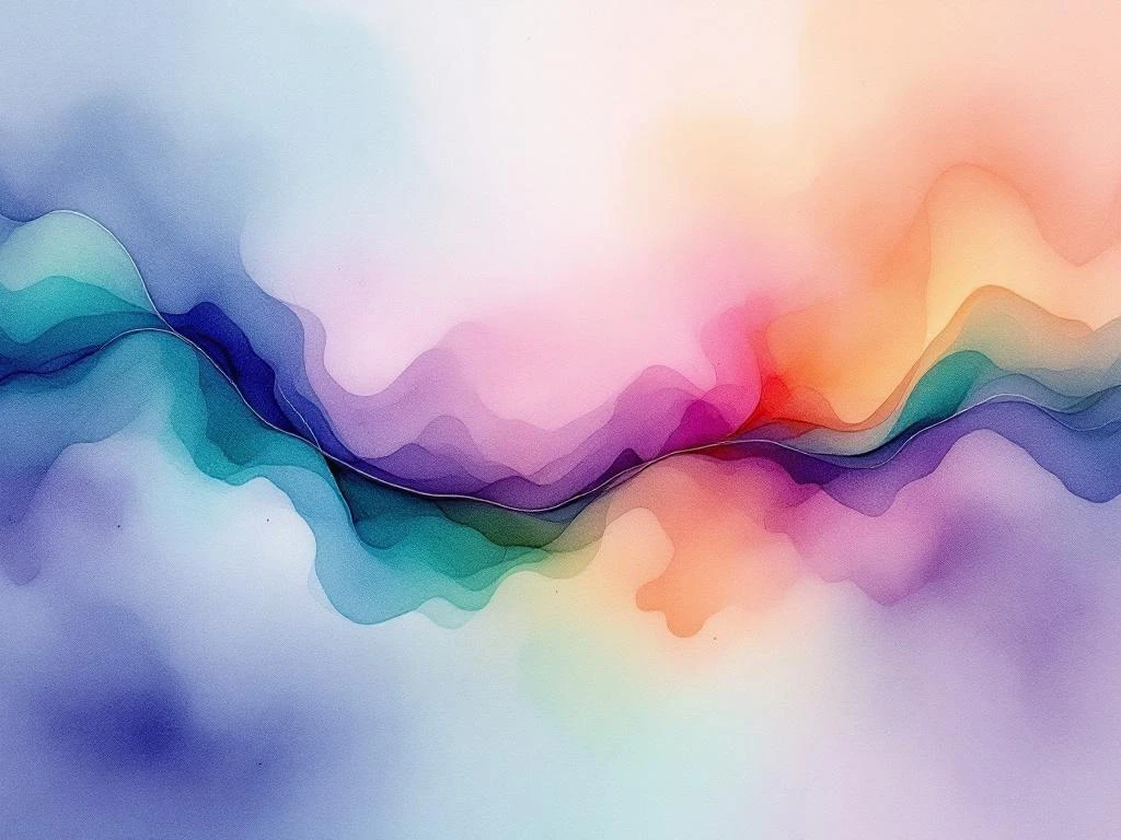 Abstract watercolor painting with flowing gradients of indigo, violet, amber, coral, emerald, and rose pink blending organically.