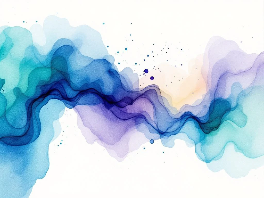 Abstract watercolor painting with flowing blues, purples, teals, and greens blending from dark edges to luminous center