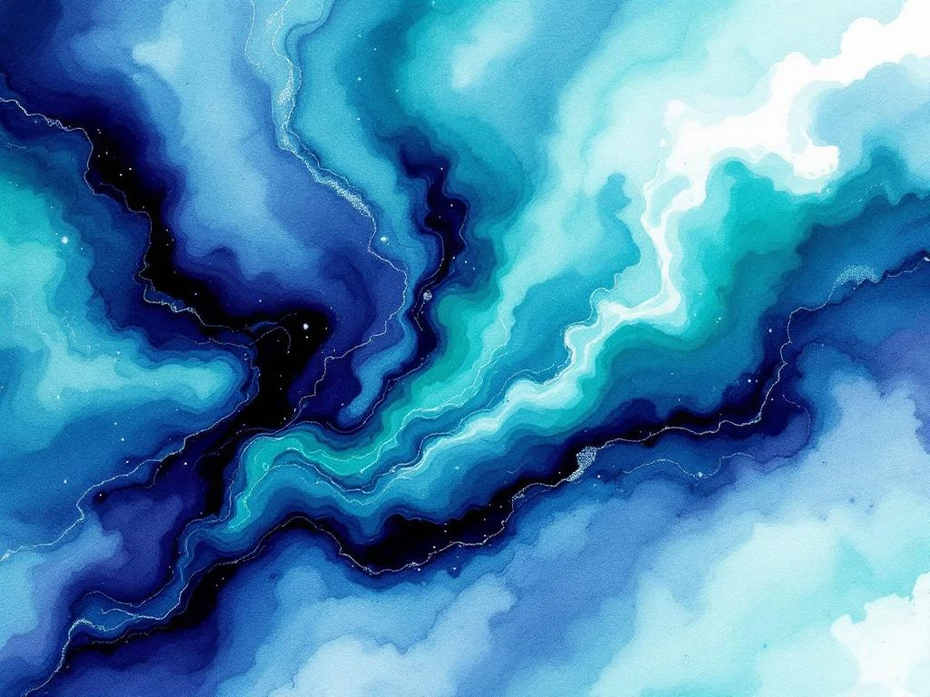 Abstract watercolor painting with flowing navy blue, electric teal, and emerald green gradients with silver highlights.