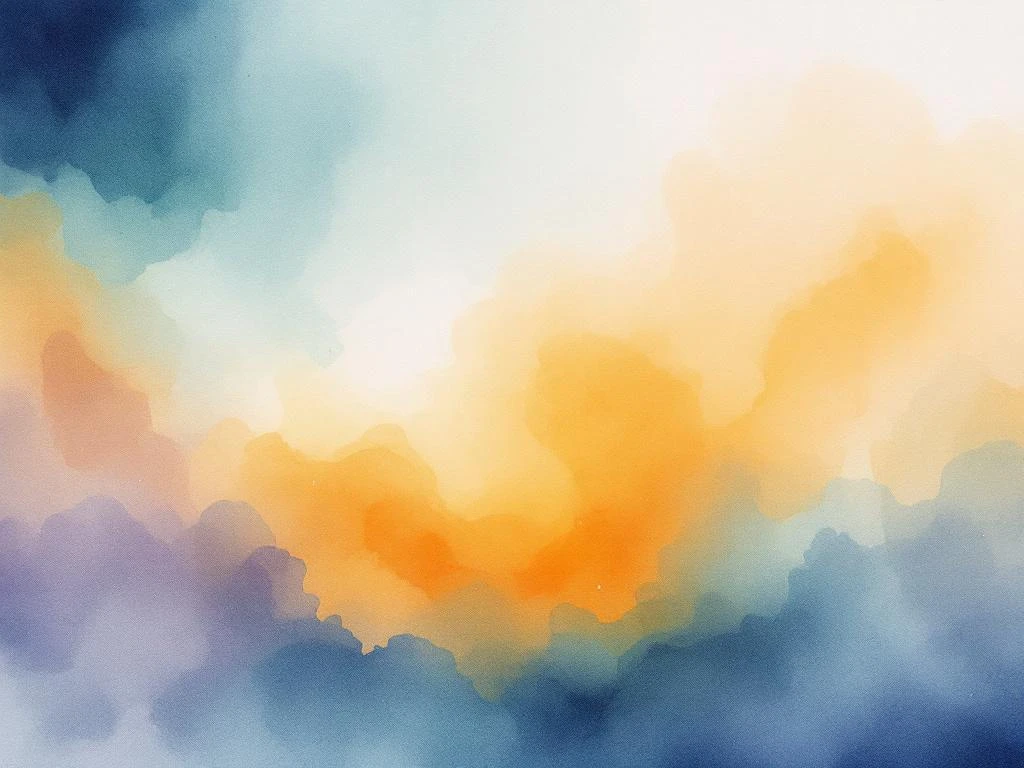 Abstract watercolor painting with flowing navy blue, teal, orange, and amber gradients blending with purple and sage green mist