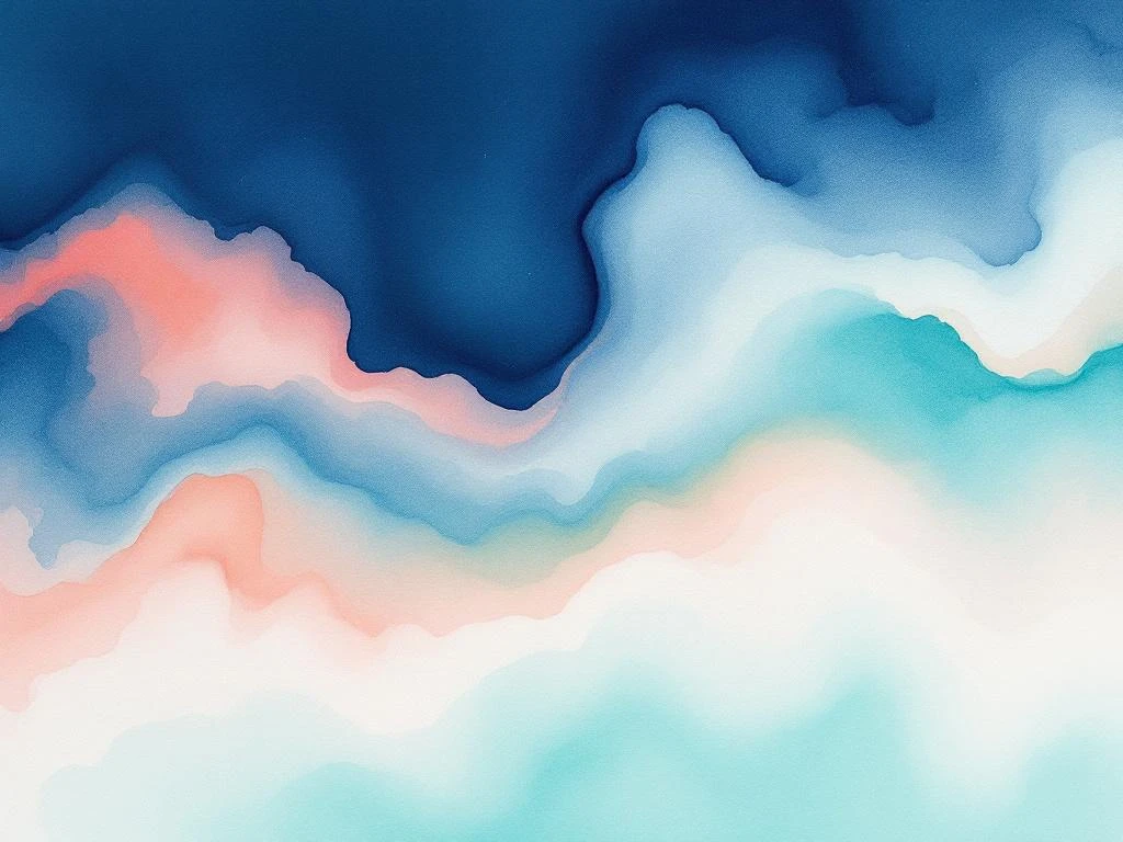 Abstract watercolor painting with flowing navy blue, turquoise, sage green, and coral orange gradients blending organically