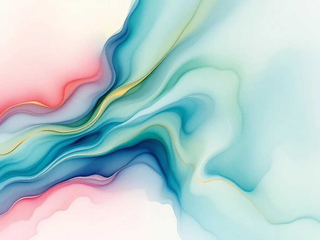 Abstract watercolor painting with flowing blue to emerald green gradients, accented by golden yellow and coral pink waves.