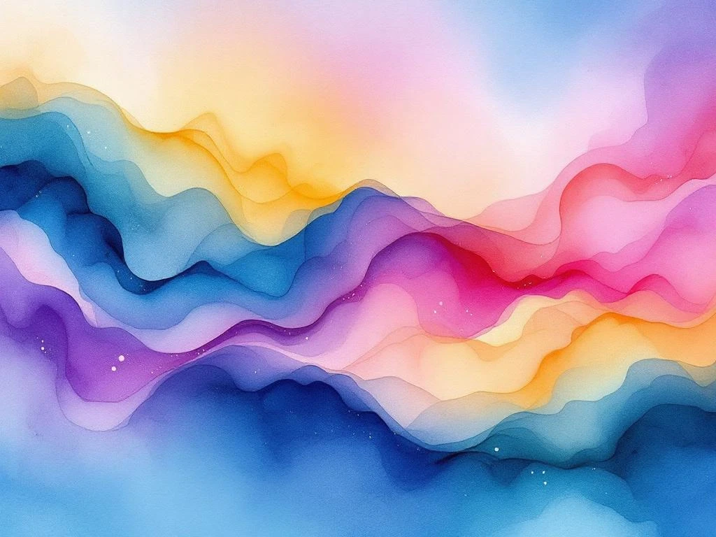 Abstract watercolor painting with flowing blues, teals, purples, and coral tones blending in soft horizontal gradients
