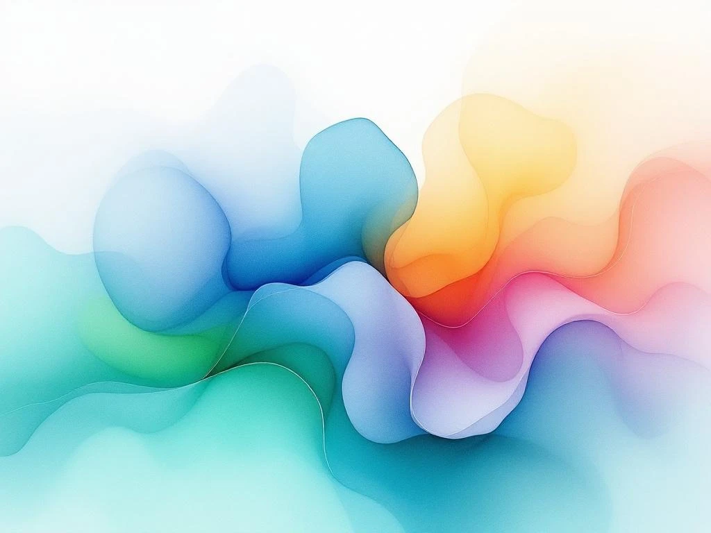 Abstract watercolor painting with flowing azure blue, emerald green, amber and violet hues blending in organic cloud formations