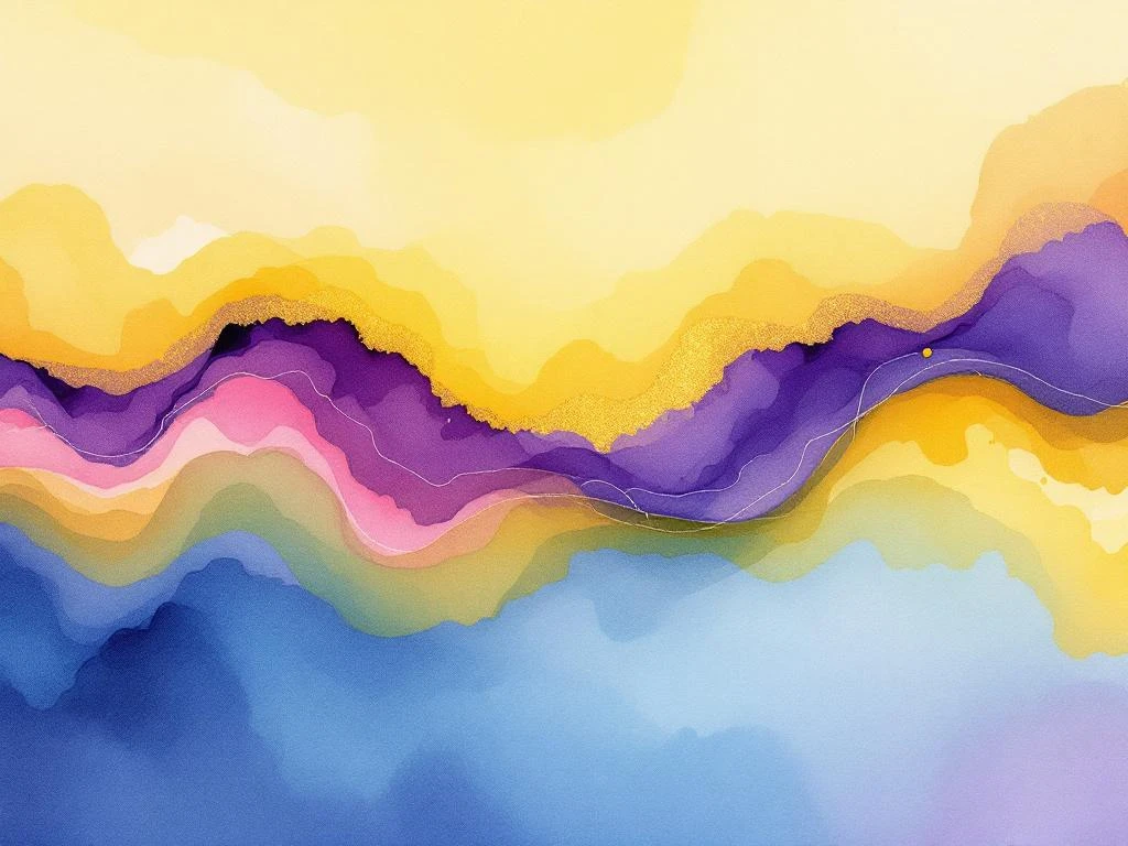Abstract watercolor painting with flowing purple, blue, golden yellow, and emerald green washes blending organically across canvas.