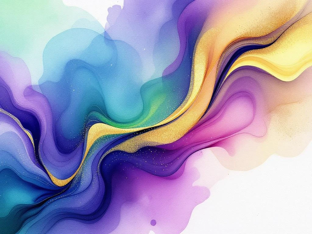 Abstract watercolor painting with flowing purple, blue, and emerald green gradients accented by golden yellow touches.