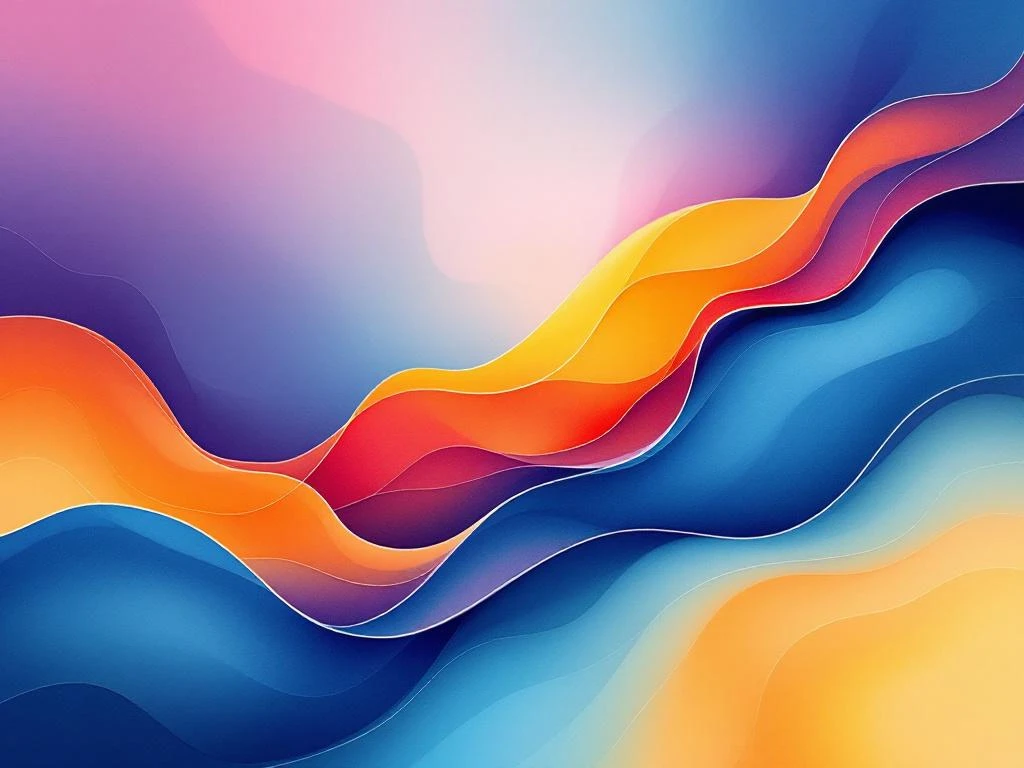 Abstract watercolor painting with flowing blue and teal gradients blending into orange and yellow for tech company branding.