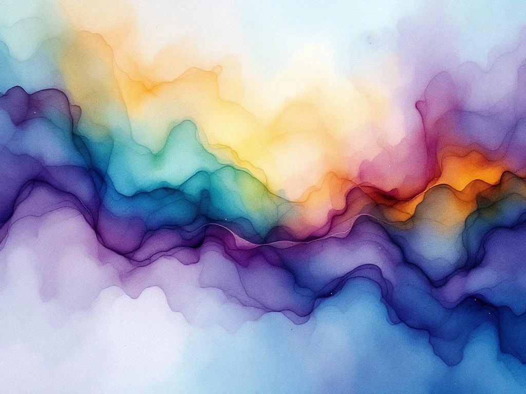 Abstraktes Aquarell mit fließenden Farbübergängen in Blau, Türkis, Gelb und Lila, das digitale Datenströme darstellt