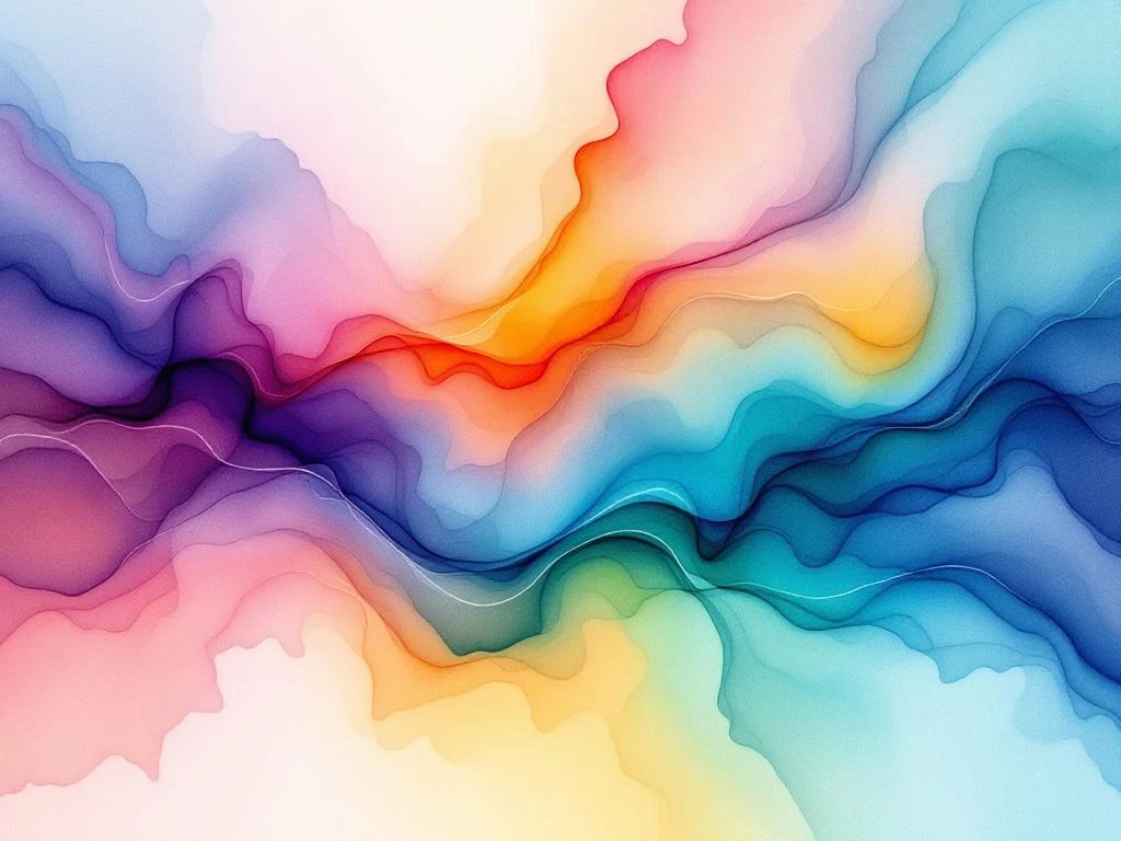 Abstract watercolor with flowing blue, teal, orange and yellow gradients representing digital connectivity and data flow