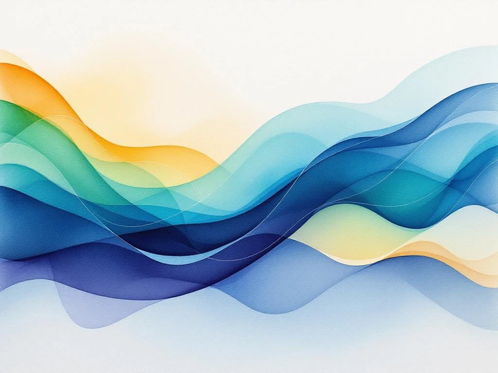 Abstract watercolor painting with flowing navy blue to electric blue gradients blending into emerald green and golden yellow streams