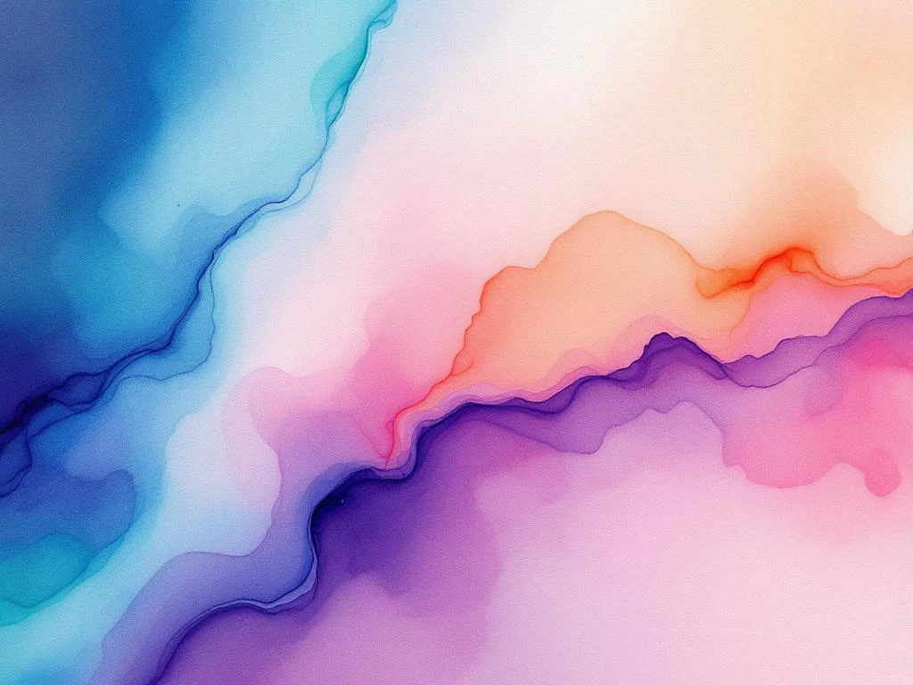 Abstract watercolor painting with flowing blue, purple, cyan, green, coral pink and amber washes blending on textured paper