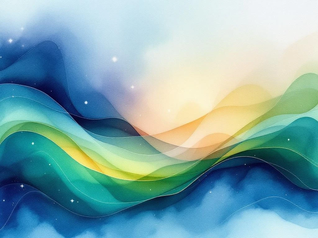 Abstract watercolor painting with flowing blue to green gradients, amber and purple accents, suggesting digital transformation and progress.