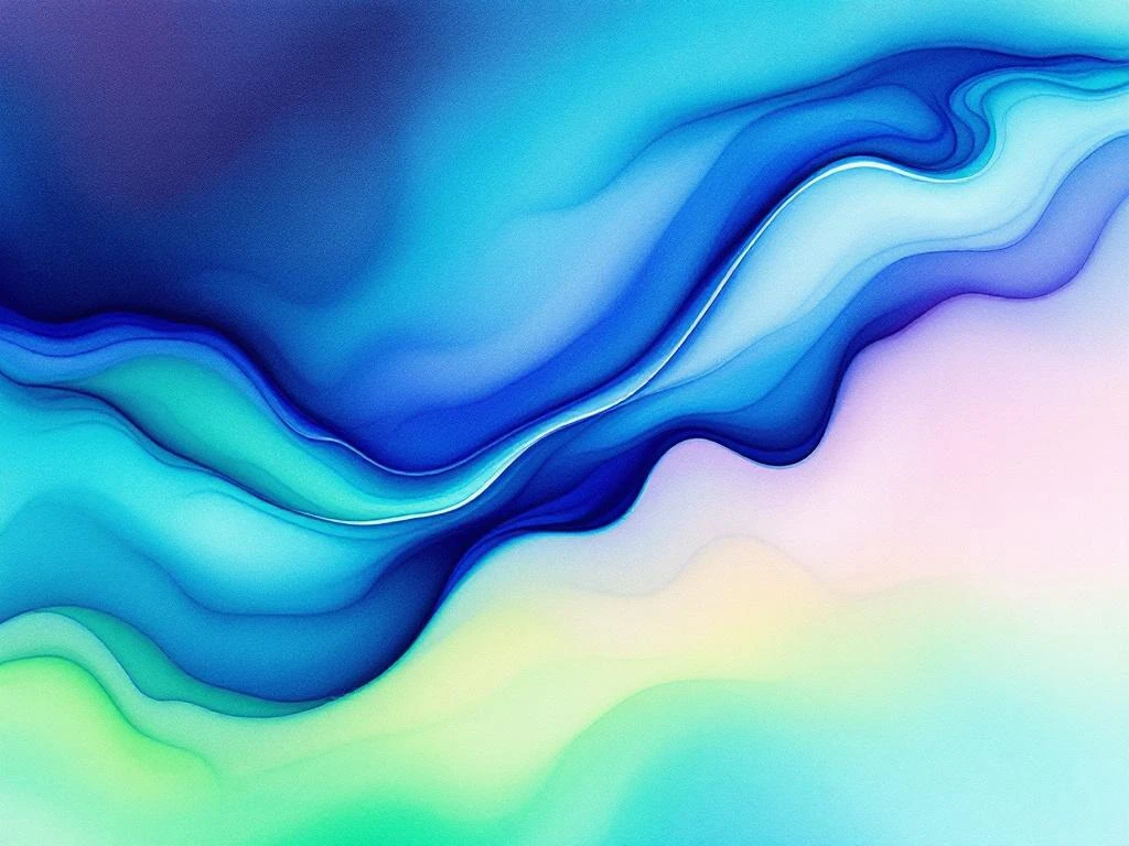 Abstrakti vesivärimaalaus syvänsinisistä sävyistä turkoosiin ja vihreään virtaavilla liukuvärjäyksillä