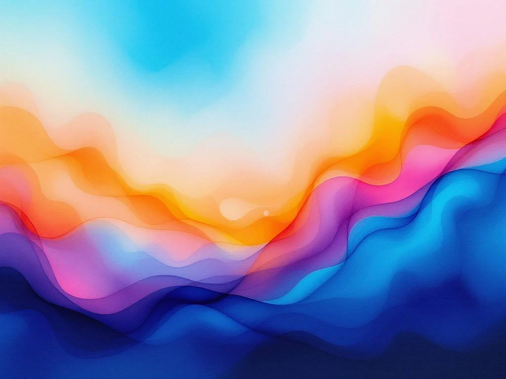 Abstrakti vesivärimaalaus syvänsinisistä sävyistä turkoosiin ja vihreään, oransseilla ja violeteilla yksityiskohdilla