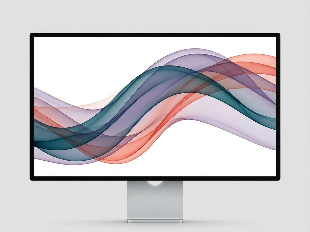 Abstrakti taideteos, jossa läpikuultavia syaanin, violetin ja korallin värisiä nauhamaisia muotoja valkoisella pohjalla