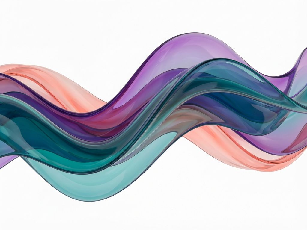 Abstrakti taideteos virtaavista läpikuultavista nauhoista sinisissä, violeteissa ja korallisävyissä valkoisella taustalla
