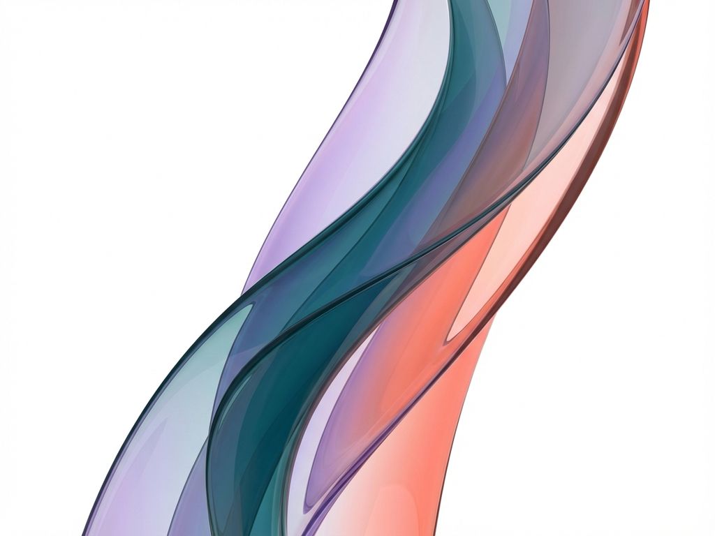 Abstrakti taideteos läpikuultavista silkkikankaista, syvänsinisiä, violetteja ja korallinpunaisia sävyjä valkoisella