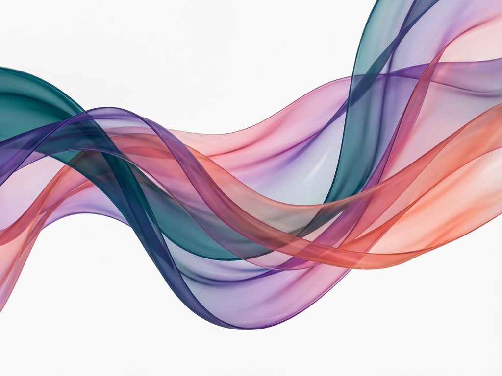 Abstrakti taideteos, jossa läpikuultavat turkoosit, violetit, vaaleanpunaiset ja korallinpunaiset nauhat virtaavat valkoisella taustalla.