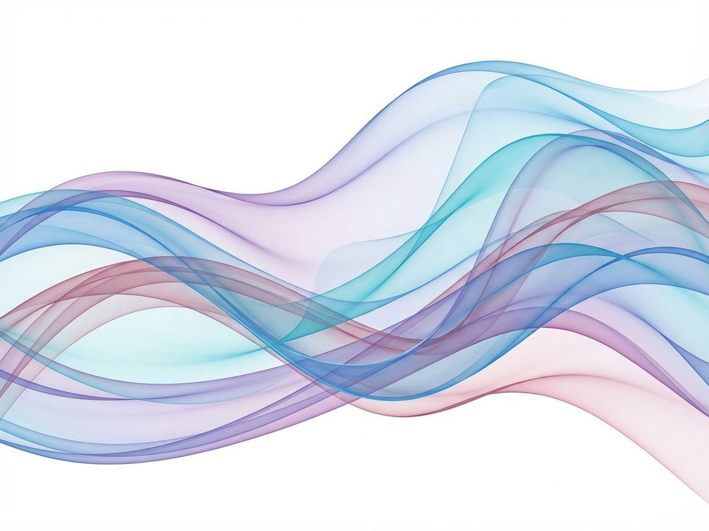 Abstrakti taideteos, jossa läpikuultavia sinisiä, turkooseja ja violetteja väriliuskoja virtaa valkoisella taustalla.
