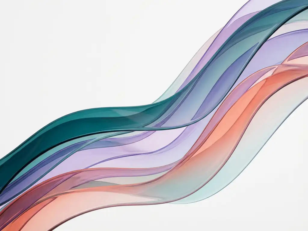 Flödande genomskinliga band i djupt turkos, mjukt violett och varmt korall över vit bakgrund med elegant rörelse