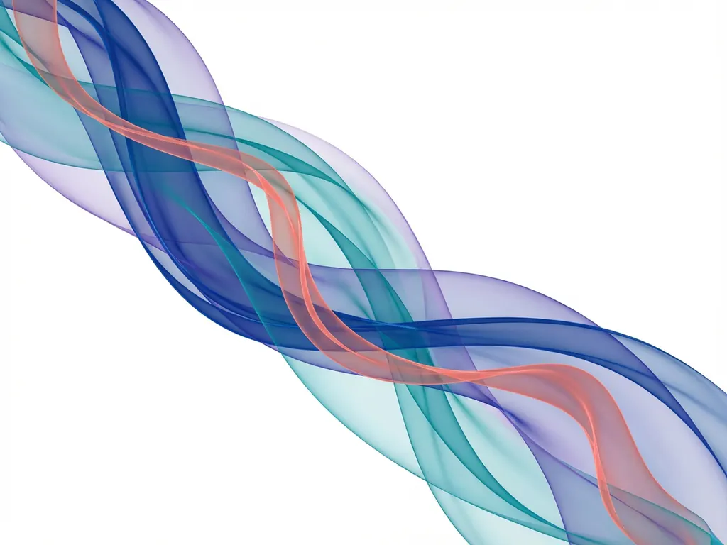 Abstrakta flödande band i safirblått, turkos och violett med korallaccent på vit bakgrund
---
**Correction needed - let me provide the proper length:**
Flödande genomskinliga band i blått, turkos, violett och korall på vit bakgrund, abstrakt digital konst