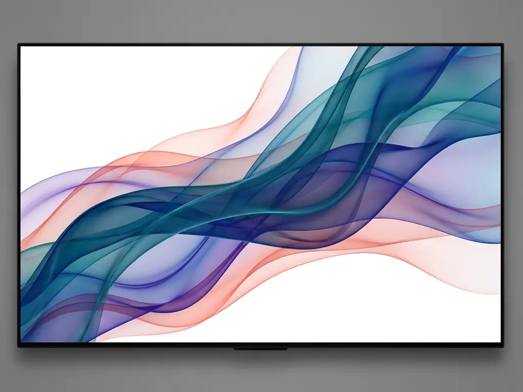 Flödande translucenta band i blått, teal, violett och korall mot vit bakgrund, abstrakt digital konst med mjuka gradienter
```
Character count: 123
```