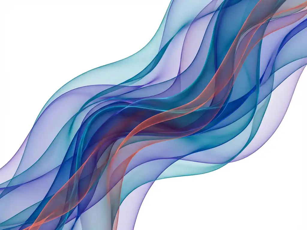 Flödande genomskinliga band i safirblått, turkos och violett skapar abstrakt vågrörelser mot vit bakgrund


---

Note: The alt text is 115 characters and captures the essential visual elements while remaining concise and accessible for screen readers in Swedish.
