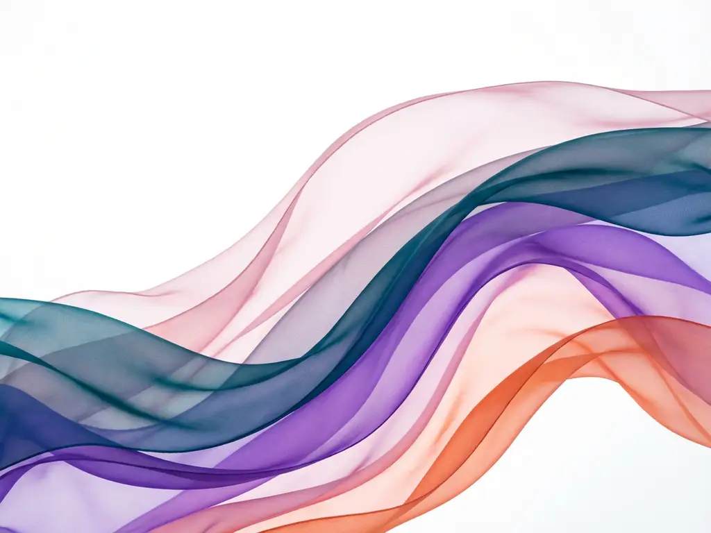 Abstrakta vågformade band i turkos, lila, rosa och korall som flyter över vit bakgrund med transparent djup och mjuka gradienter