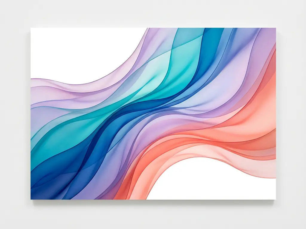 Abstrakta flytande band i blått, turkos, lila och korall mot vit bakgrund med transparenta lager och mjuka vågor