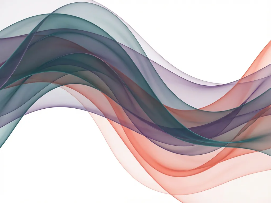 Flödande genomskinliga band i teal, lila och korall skapar elegant abstrakt bakgrund med mjuka vågor