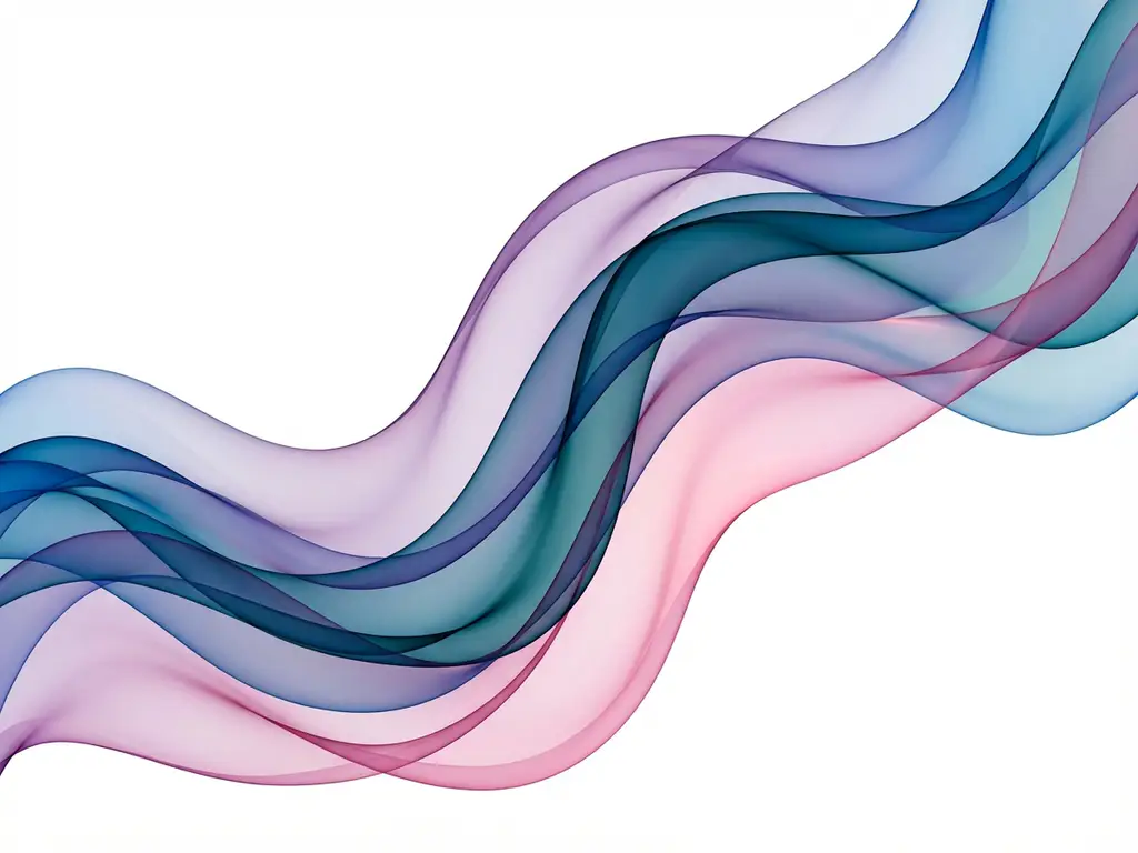 Abstrakta flödande band i juveltoner av blått, turkos, lila och rosa mot vit bakgrund, transparent digital konst
```
Character count: 119
```