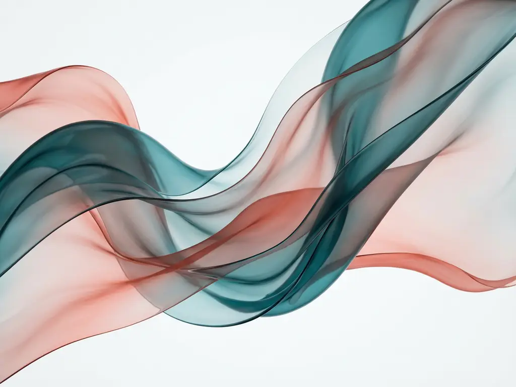 Abstrakti taideteos: läpikuultavia syvänsinisiä ja korallipunaisia nauhoja valkoisella taustalla, liukuvärejä ja syvyyttä