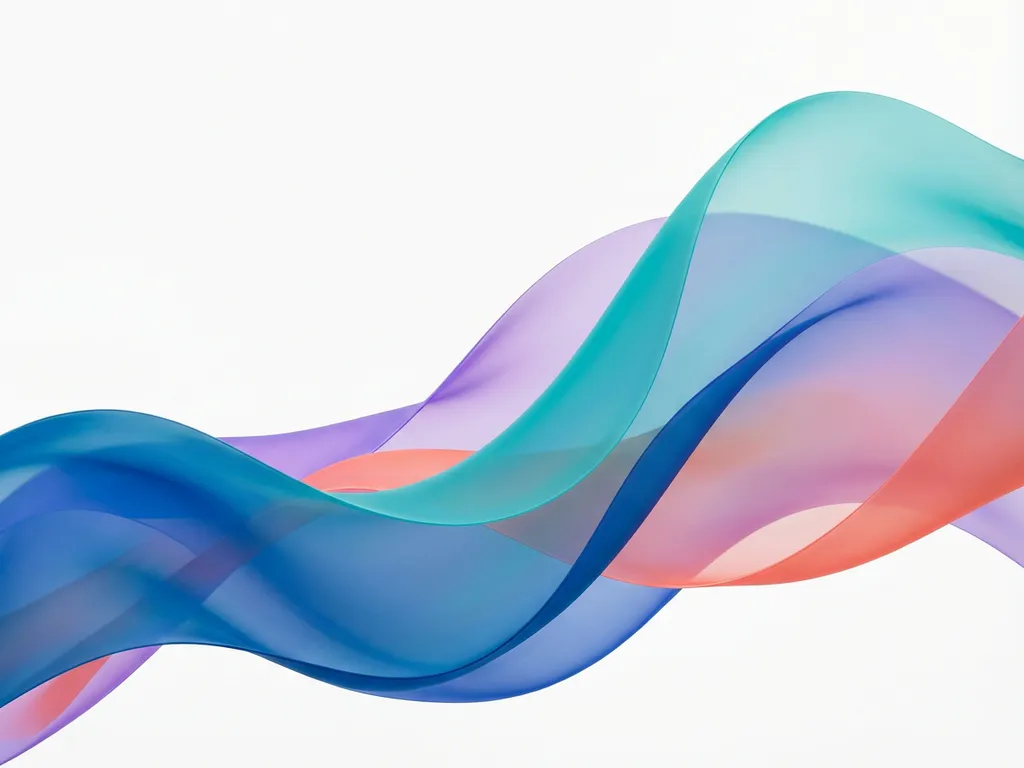 Abstrakti digitaalinen taidekuva läpikuultavista sinisistä, turkooseista, violeteista ja korallinsävyisistä nauhoista valkoisella taustalla