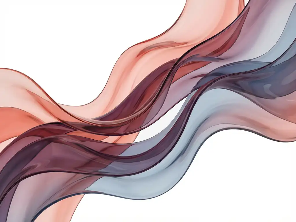 Abstrakti taideteos, jossa läpikuultavia nauhoja virtaa aaltoilevasti valkoisella taustalla koralli-, luumu- ja sinisävyissä
(Finished browsing the provided guidelines.)