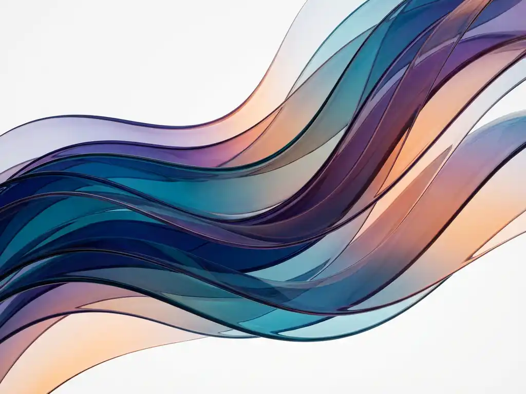 Abstrakti taideteos, jossa läpikuultavia nauhamaisia muotoja virtaa aaltoilevasti turkoosista purppuraan ja koralliin valkoisella taustalla