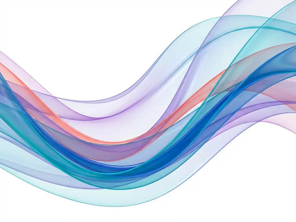 Abstrakti taideteos läpikuultavista sinisistä, turkooseista ja korallinsävyisistä nauhoista valkoisella taustalla