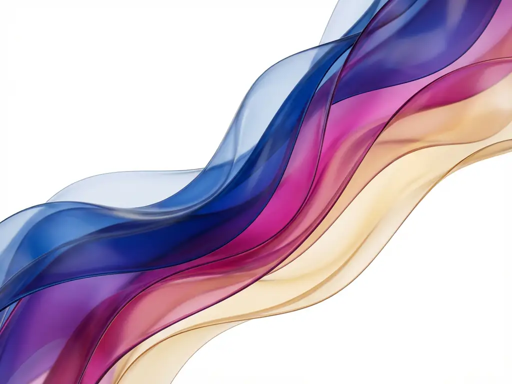 Läpikuultavat siniset, magentanväriset ja kultaiset nauhat virtaavat aaltoilevina kerroksina valkoisella taustalla